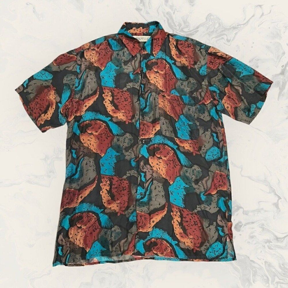 Huk A Poo Mens Short Sleeve Silk Collared Putting Up Size Medium